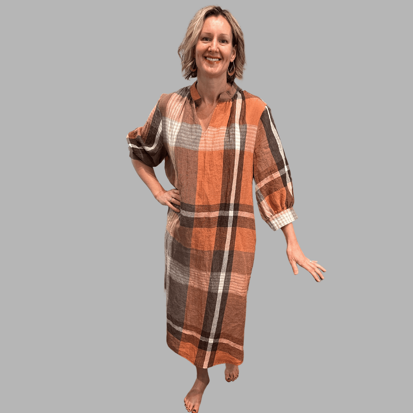 Noen Brown Check Linen Caftan Dress