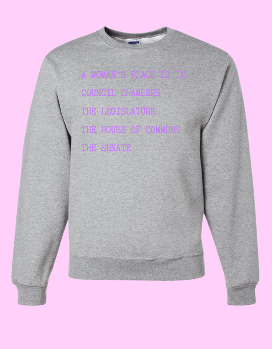 Madame Premier A Woman's Place Is In Politics Adult Grey & Purple Crewneck Sweater